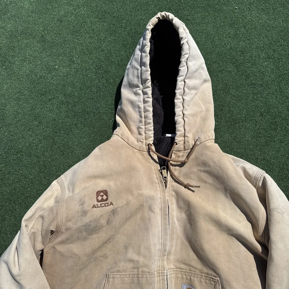 Mens Carhartt Washed Duck Canvas Hoodie Jacket Large Tan